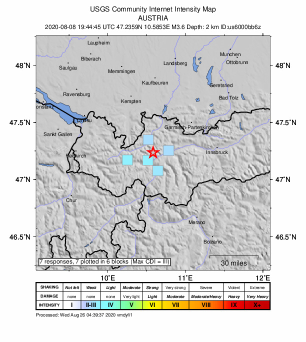 USGS DYFI community-reported intensity map for the M3.6 earthquake near 5 km SE of Gramais, Austria