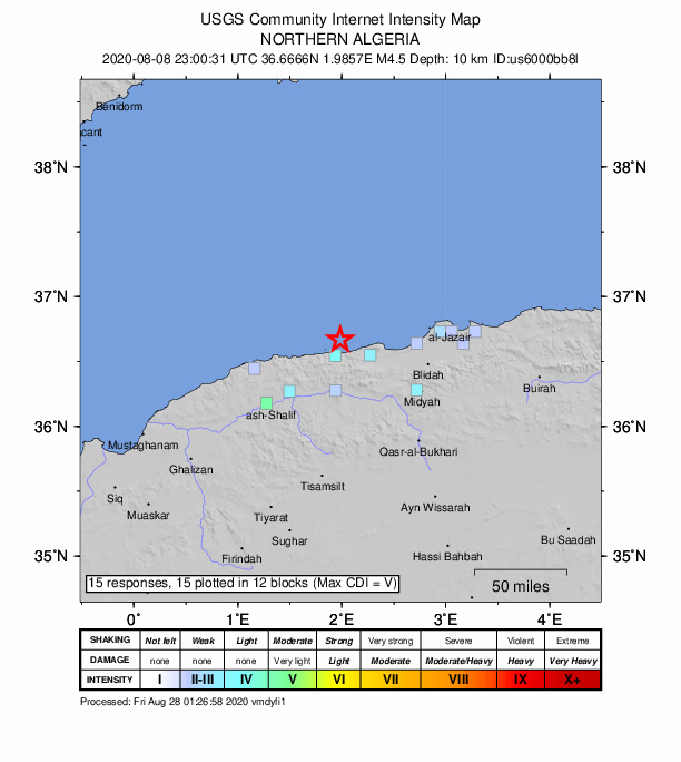 USGS DYFI community-reported intensity map for the M4.5 earthquake near 41 km WNW of Hadjout, Algeria
