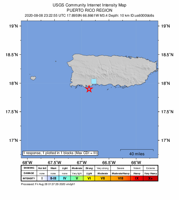 USGS DYFI community-reported intensity map for the M3.1 earthquake near 6 km SSE of Guánica, Puerto Rico