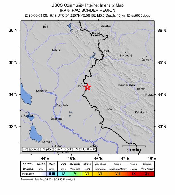 USGS DYFI community-reported intensity map for the M5.0 earthquake near 36 km SW of Sarpol-e Z?ah?b, Iran
