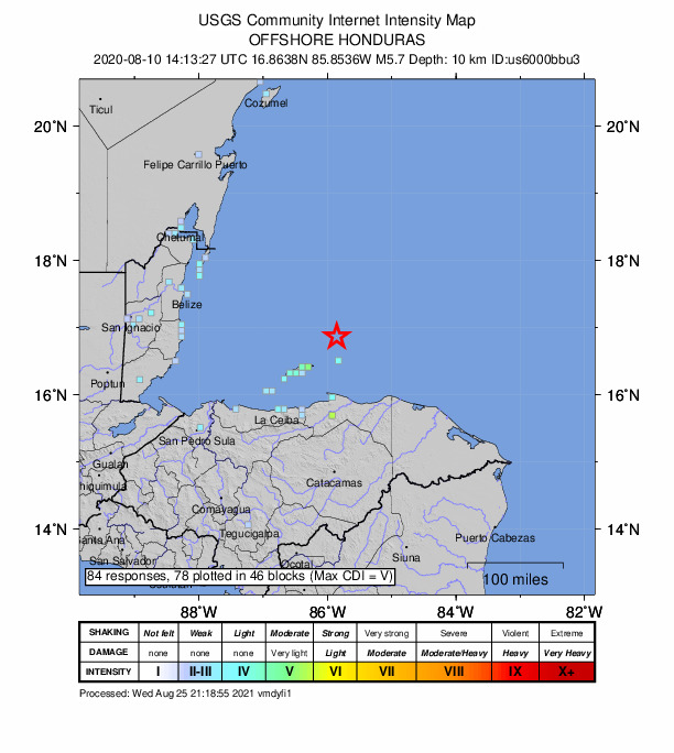 USGS DYFI community-reported intensity map for the M5.7 earthquake near 45 km N of Savannah Bight, Honduras