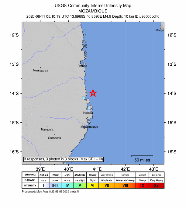 USGS DYFI community-reported intensity map for the M4.9 earthquake near 65 km NNE of Nacala, Mozambique