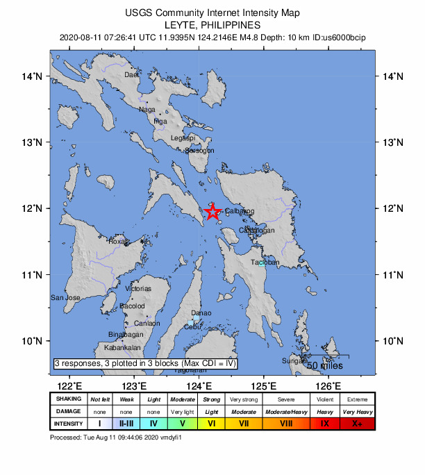 USGS DYFI community-reported intensity map for the M4.8 earthquake near 19 km ENE of Limbuhan, Philippines