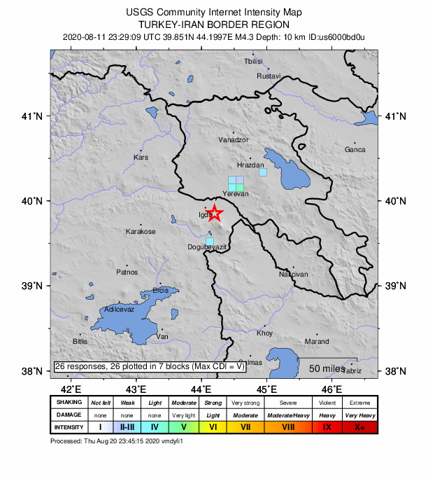 USGS DYFI community-reported intensity map for the M4.3 earthquake near Turkey-Iran border region