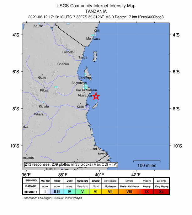 USGS DYFI community-reported intensity map for the M6.0 earthquake near 66 km NNE of Kilindoni, Tanzania