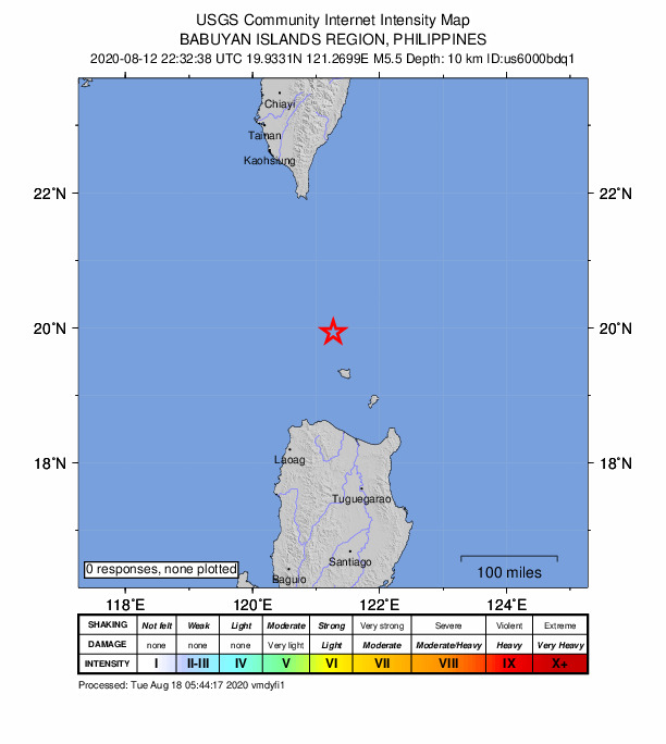 USGS DYFI community-reported intensity map for the M5.5 earthquake near 95 km SW of Basco, Philippines