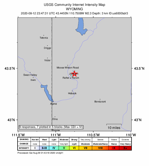 USGS DYFI community-reported intensity map for the M2.3 earthquake near 3 km SSE of Jackson, Wyoming