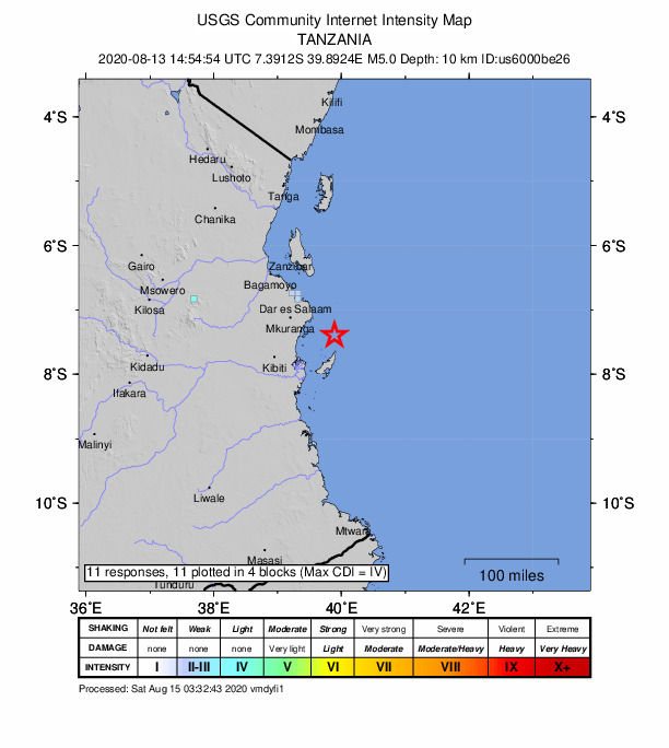 USGS DYFI community-reported intensity map for the M5.1 earthquake near 64 km NNE of Kilindoni, Tanzania
