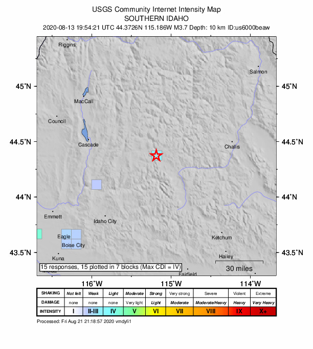 USGS DYFI community-reported intensity map for the M3.7 earthquake near 26 km NW of Stanley, Idaho