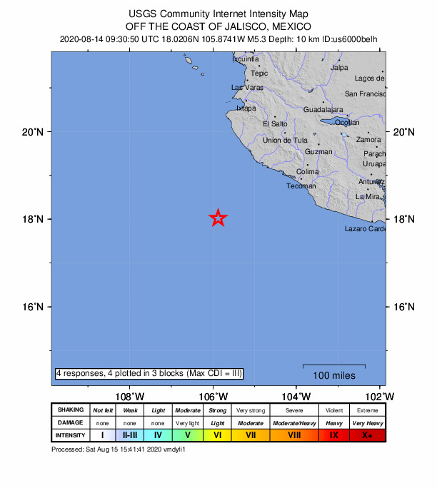 USGS DYFI community-reported intensity map for the M5.3 earthquake near 180 km SSW of Emiliano Zapata, Mexico