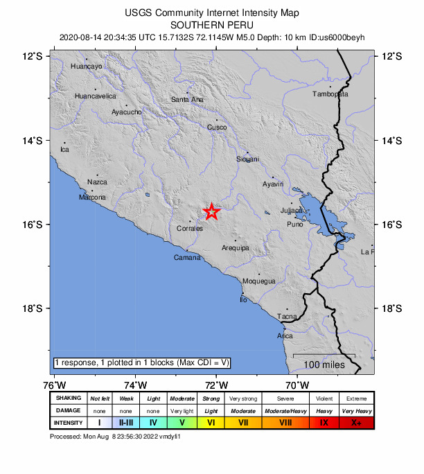 USGS DYFI community-reported intensity map for the M5.0 earthquake near 2 km NNW of Huambo, Peru