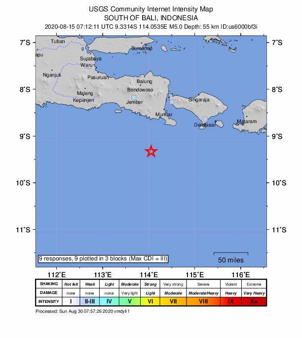USGS DYFI community-reported intensity map for the M5.0 earthquake near 106 km SSW of Muncar, Indonesia