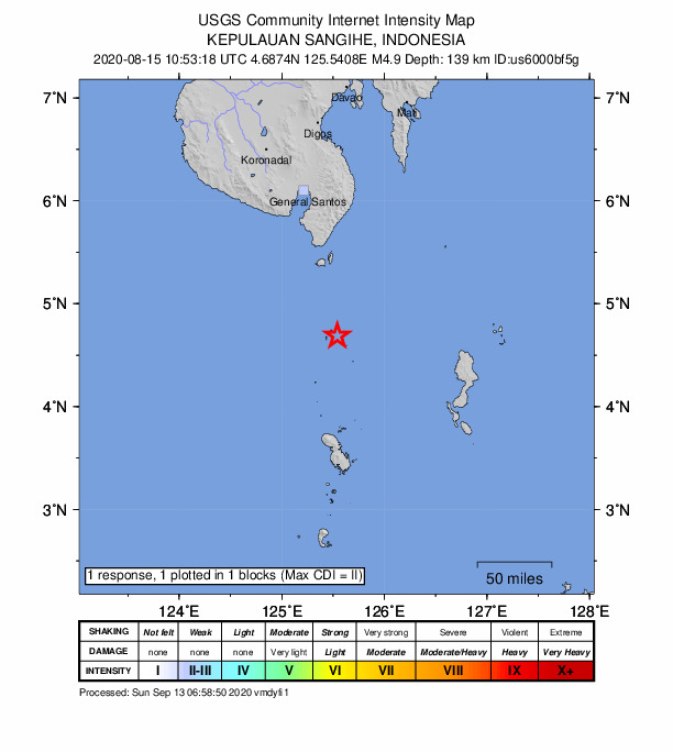 USGS DYFI community-reported intensity map for the M4.9 earthquake near 79 km S of Sarangani, Philippines