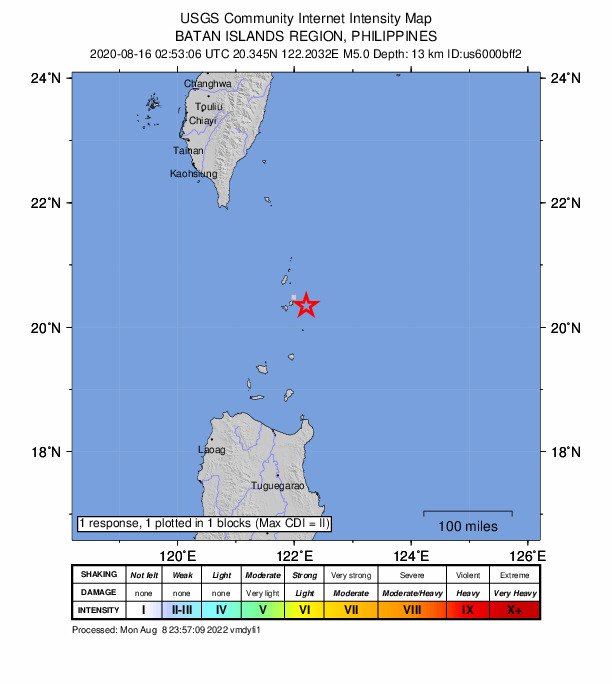 USGS DYFI community-reported intensity map for the M5.0 earthquake near 26 km ESE of Basco, Philippines