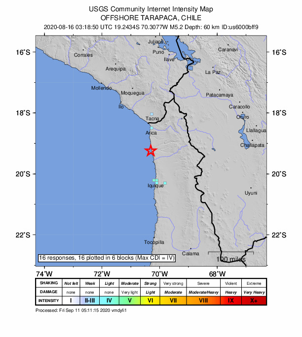 USGS DYFI community-reported intensity map for the M5.1 earthquake near 84 km S of Arica, Chile