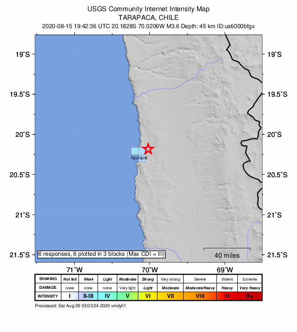 USGS DYFI community-reported intensity map for the M3.6 earthquake near 14 km ENE of Iquique, Chile