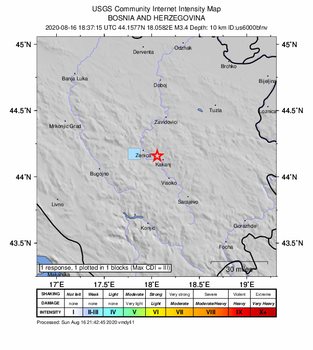 USGS DYFI community-reported intensity map for the M3.4 earthquake near 5 km WNW of Kakanj, Bosnia and Herzegovina