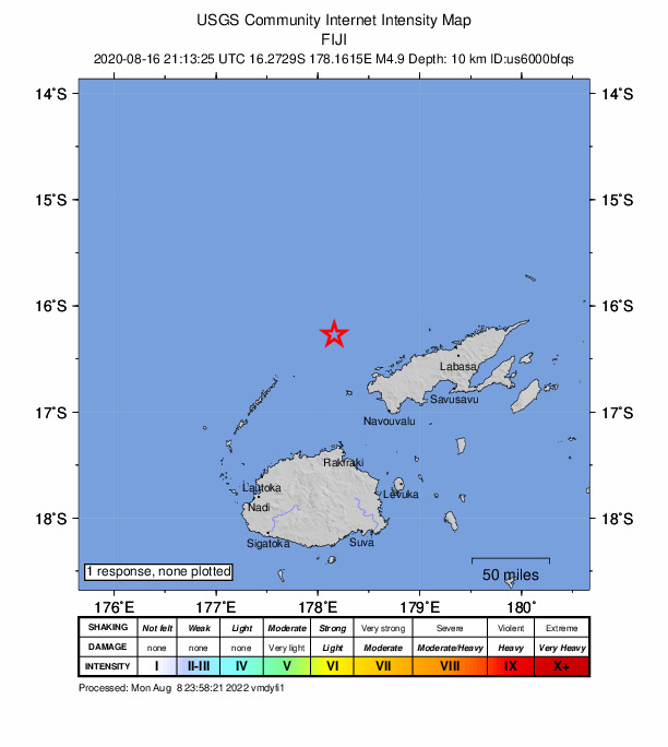 USGS DYFI community-reported intensity map for the M4.9 earthquake near 129 km W of Labasa, Fiji