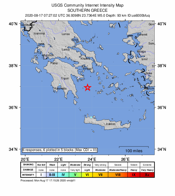 USGS DYFI community-reported intensity map for the M5.0 earthquake near 56 km SSE of Ýdra, Greece