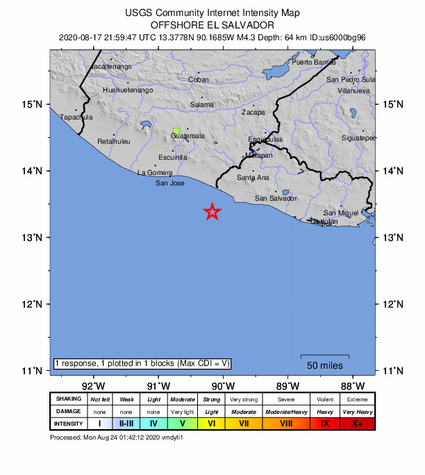 USGS DYFI community-reported intensity map for the M4.3 earthquake near 43 km WSW of Acajutla, El Salvador