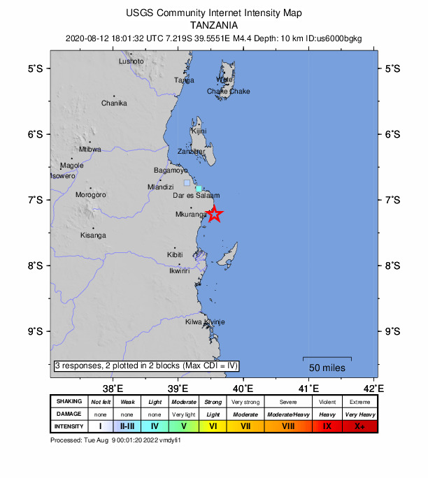 USGS DYFI community-reported intensity map for the M4.4 earthquake near 36 km SE of Vikindu, Tanzania