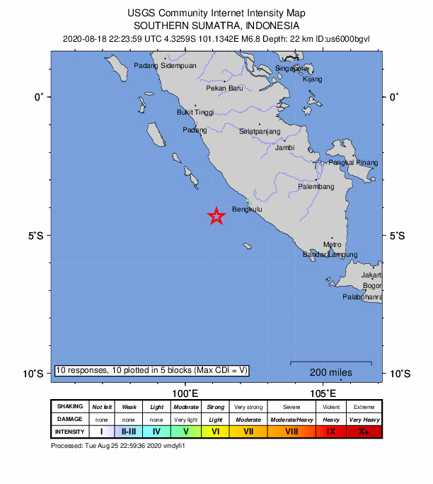 USGS DYFI community-reported intensity map for the M6.8 earthquake near 138 km WSW of Bengkulu, Indonesia
