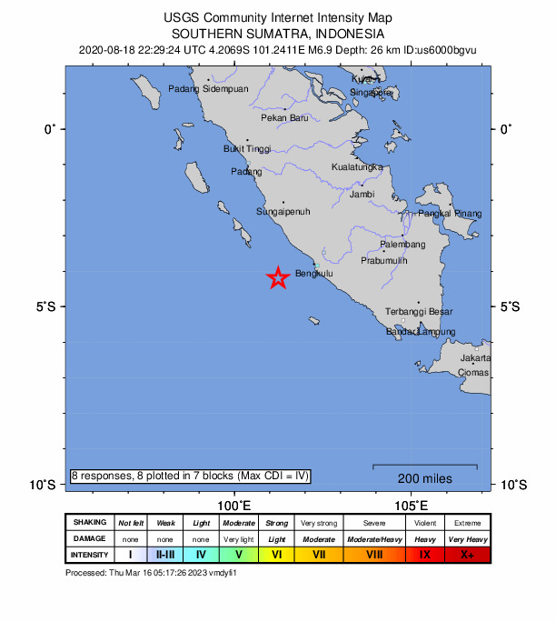 USGS DYFI community-reported intensity map for the M6.9 earthquake near 122 km WSW of Bengkulu, Indonesia