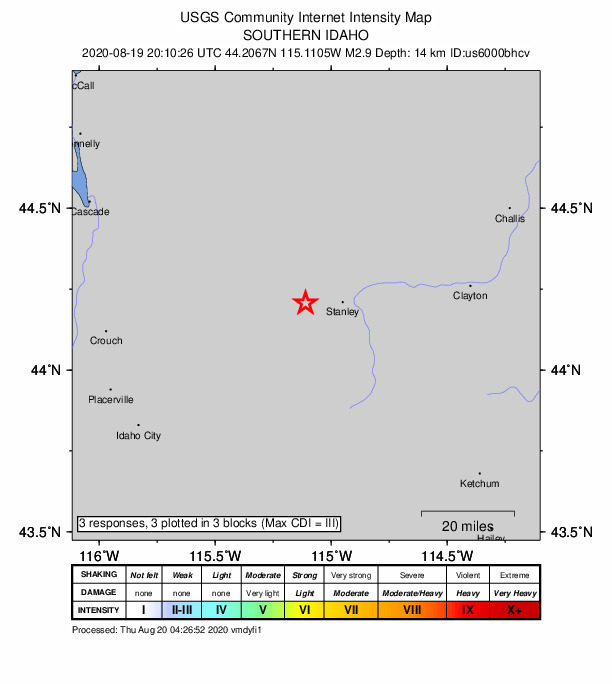 USGS DYFI community-reported intensity map for the M2.9 earthquake near 13 km W of Stanley, Idaho
