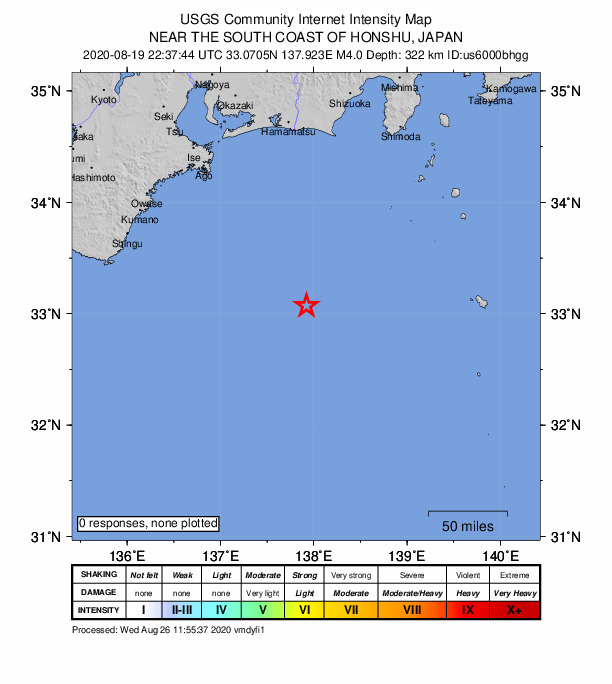 USGS DYFI community-reported intensity map for the M4.0 earthquake near 166 km S of ?yama, Japan