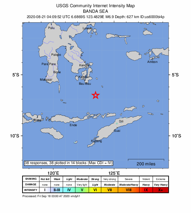 USGS DYFI community-reported intensity map for the M6.9 earthquake near 222 km SSE of Katabu, Indonesia