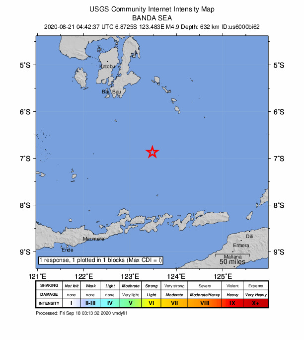 USGS DYFI community-reported intensity map for the M4.9 earthquake near 238 km NE of Maumere, Indonesia