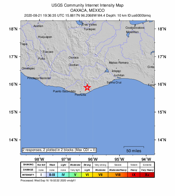 USGS DYFI community-reported intensity map for the M4.4 earthquake near 5 km SW of San Miguel del Puerto, Mexico