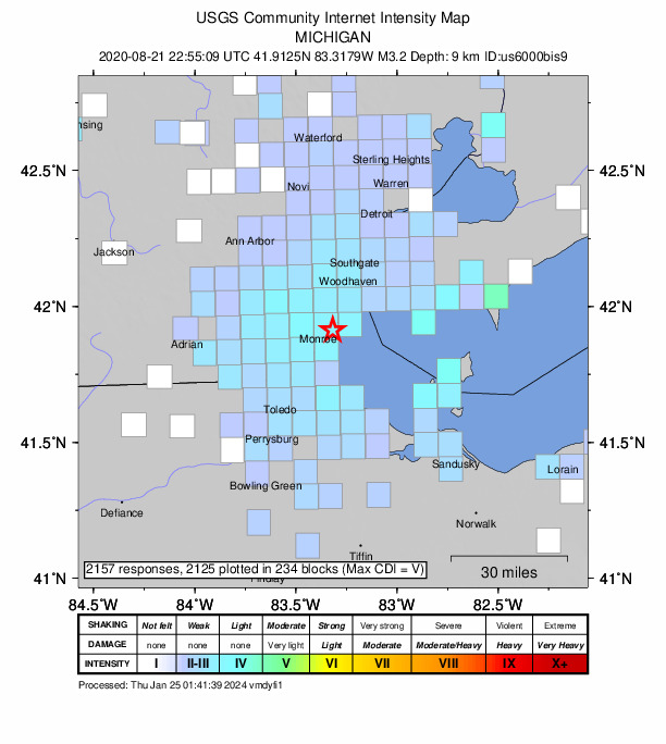 USGS DYFI community-reported intensity map for the M3.2 earthquake near 2 km SSE of Detroit Beach, Michigan