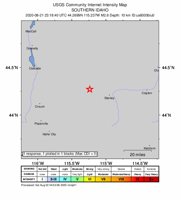 USGS DYFI community-reported intensity map for the M2.6 earthquake near 24 km WNW of Stanley, Idaho