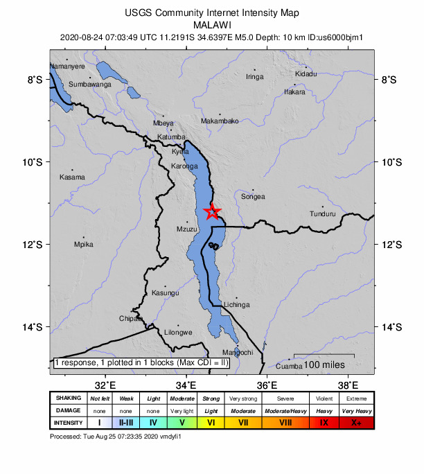 USGS DYFI community-reported intensity map for the M5.0 earthquake near 11 km SSW of Liuli, Tanzania