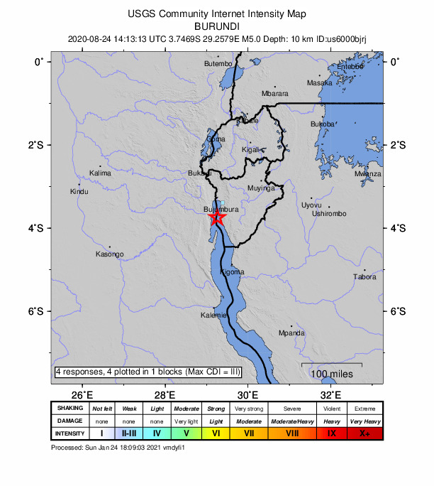 USGS DYFI community-reported intensity map for the M5.0 earthquake near 32 km NW of Rumonge, Burundi