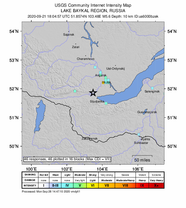 USGS DYFI community-reported intensity map for the M5.5 earthquake near 21 km NW of Kultuk, Russia