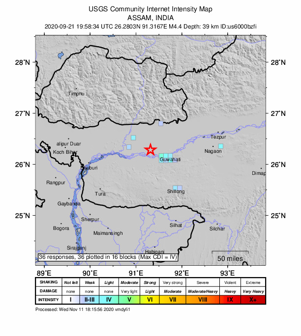 USGS DYFI community-reported intensity map for the M4.4 earthquake near 21 km W of H?jo, India