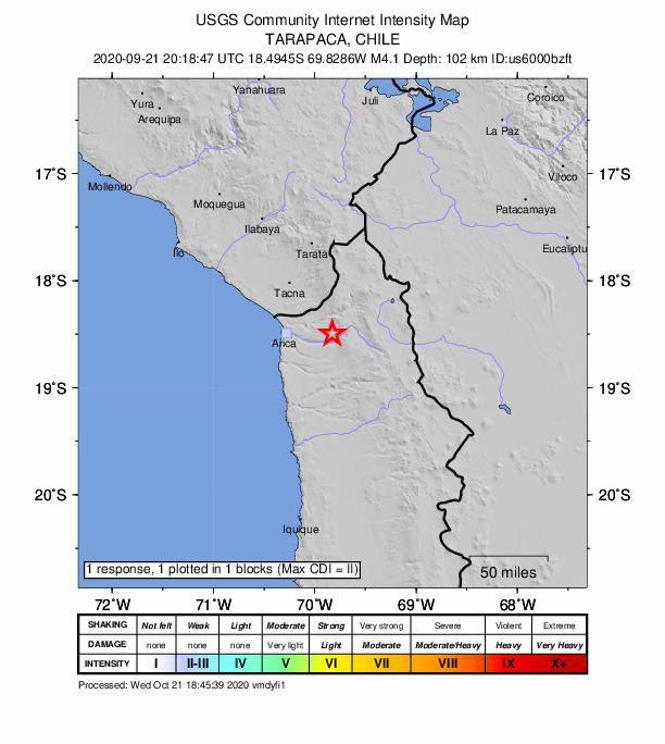 USGS DYFI community-reported intensity map for the M4.1 earthquake near 49 km E of Arica, Chile