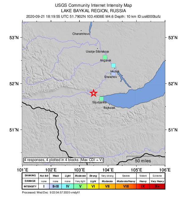 USGS DYFI community-reported intensity map for the M4.6 earthquake near 15 km WNW of Kultuk, Russia