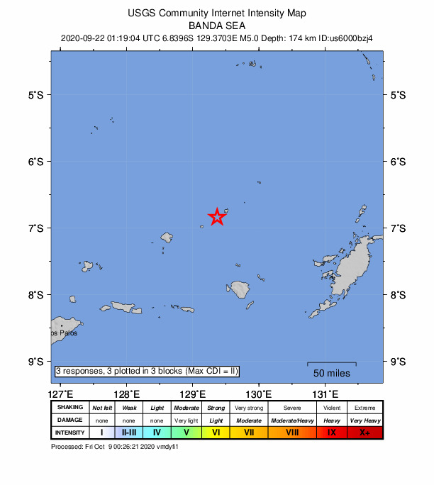 USGS DYFI community-reported intensity map for the M5.0 earthquake near Banda Sea