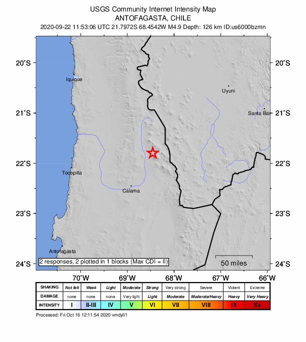 USGS DYFI community-reported intensity map for the M4.9 earthquake near 87 km NE of Calama, Chile