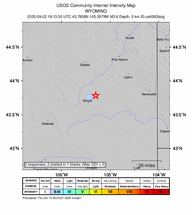 USGS DYFI community-reported intensity map for the M3.6 earthquake near 15 km ENE of Wright, Wyoming