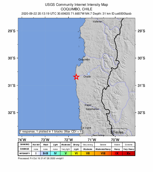 USGS DYFI community-reported intensity map for the M4.7 earthquake near 45 km WSW of Ovalle, Chile