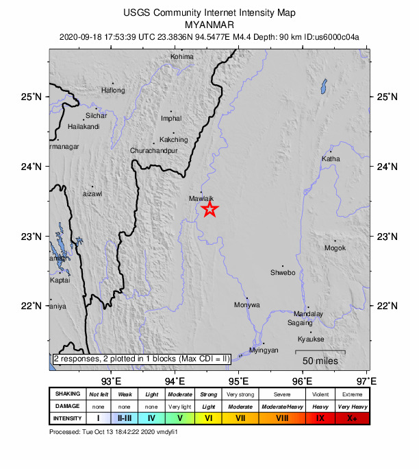 USGS DYFI community-reported intensity map for the M4.4 earthquake near 32 km SSE of Mawlaik, Myanmar