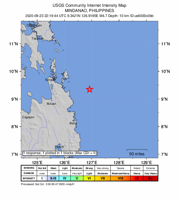 USGS DYFI community-reported intensity map for the M4.7 earthquake near 80 km E of Cortes, Philippines