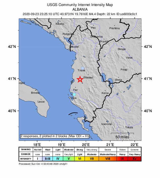 USGS DYFI community-reported intensity map for the M4.4 earthquake near 5 km NE of Lushnjë, Albania