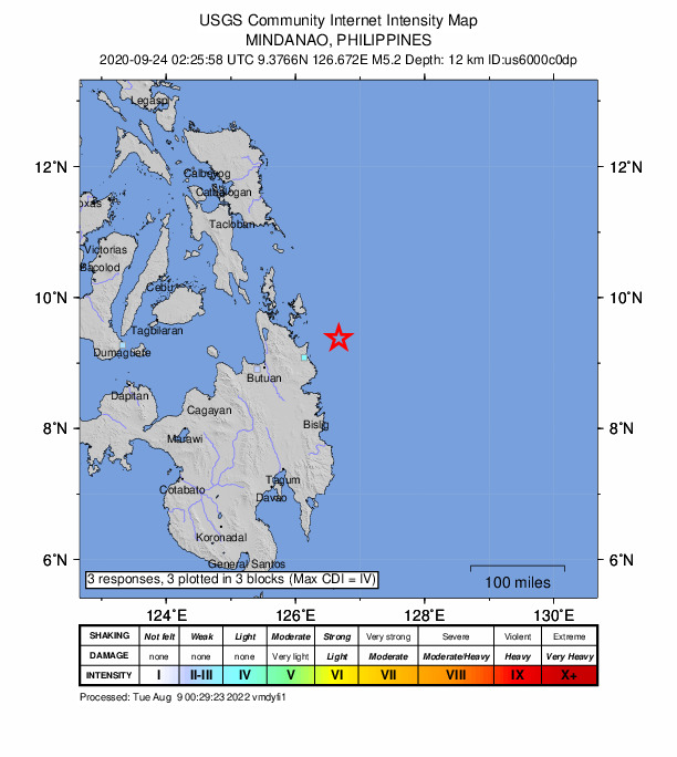 USGS DYFI community-reported intensity map for the M5.2 earthquake near 53 km ENE of Cortes, Philippines