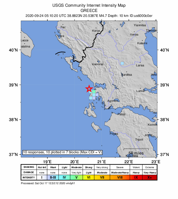 USGS DYFI community-reported intensity map for the M4.7 earthquake near 15 km WNW of Lefkáda, Greece