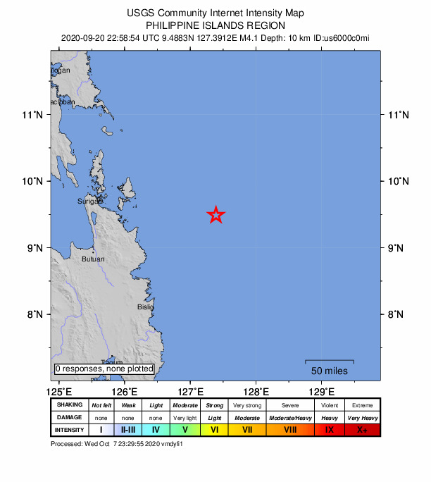 USGS DYFI community-reported intensity map for the M4.1 earthquake near 133 km E of Cortes, Philippines